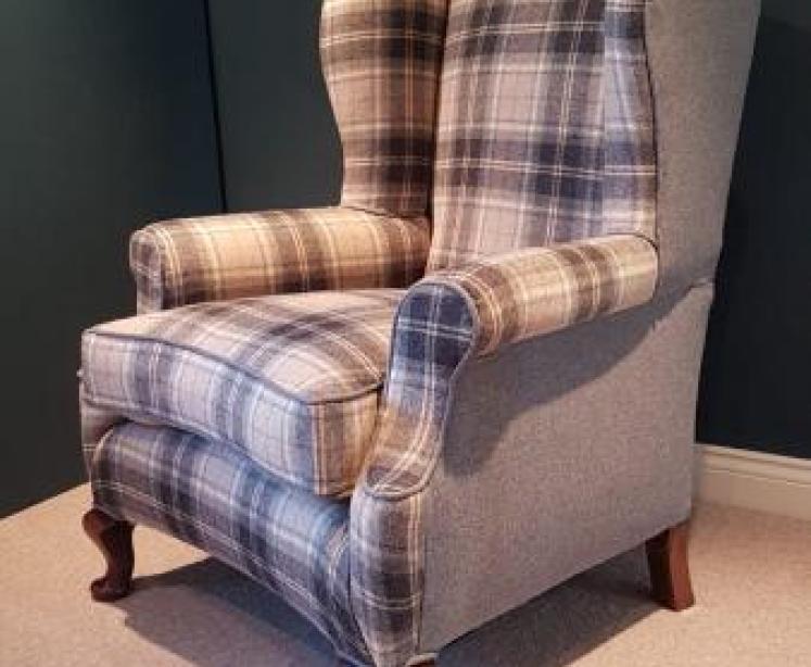 Antique Wing Back Arm Chair in Abraham Moon Fabric - Image 6