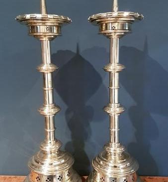 Large Pair of Antique Brass Church Candlesticks