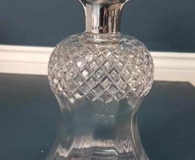 Victorian Cut Crystal Thistle Shaped Decanter with Silver Rim - Image 1