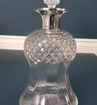Victorian Cut Crystal Thistle Shaped Decanter with Silver Rim
