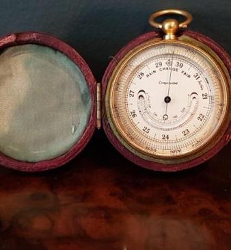Victorian Pocket Barometer with Crescent Thermometer