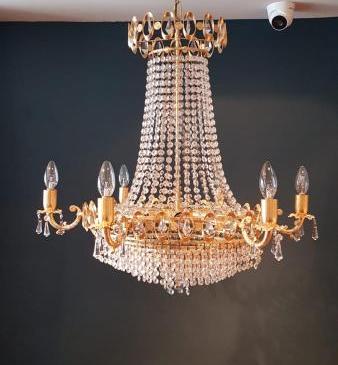 1950's Gilt Brass and Cut Crystal Chandelier
