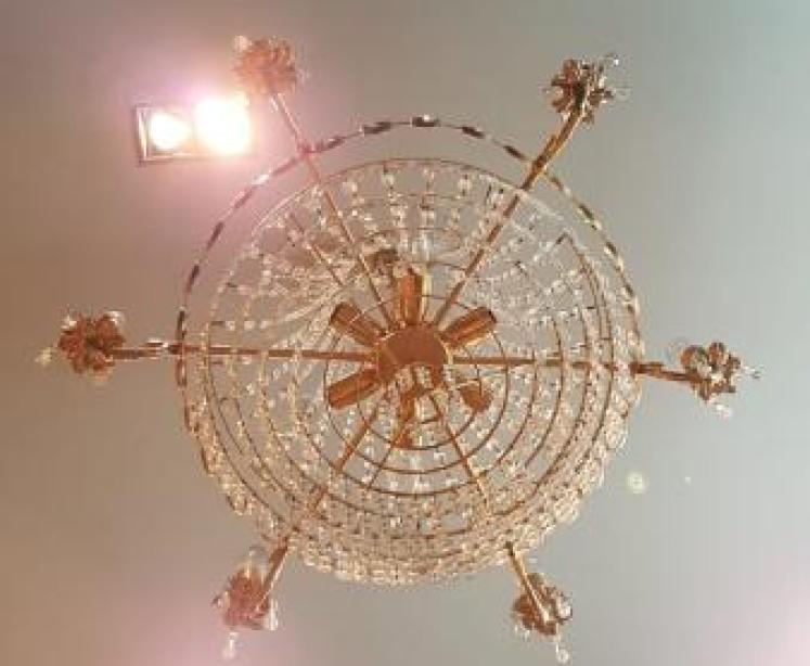 1950's Gilt Brass and Cut Crystal Chandelier - Image 2