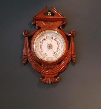 Large Antique Carved Oak Aneroid Barometer