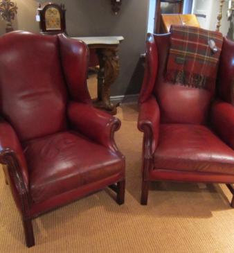 Pair of Original 1920's Red Leather Wing Armchairs