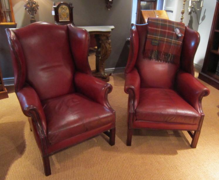 Pair of Original 1920's Red Leather Wing Armchairs - Image 1