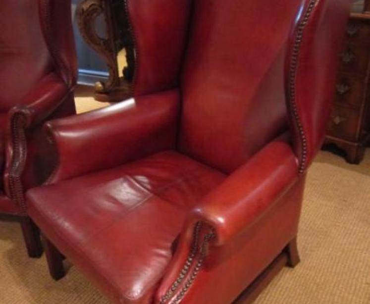 Pair of Original 1920's Red Leather Wing Armchairs - Image 2