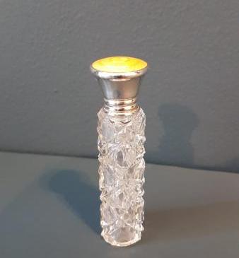 Cut Crystal and Silver Engine Turned Enamel Scent Bottle