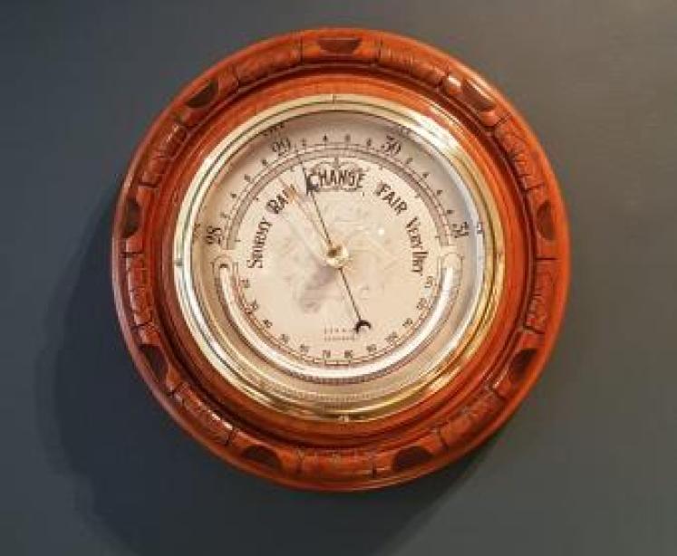 Antique Silver Dial Aneroid Barometer with Crescent Thermometer - Image 1