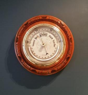 Antique Silver Dial Aneroid Barometer with Crescent Thermometer