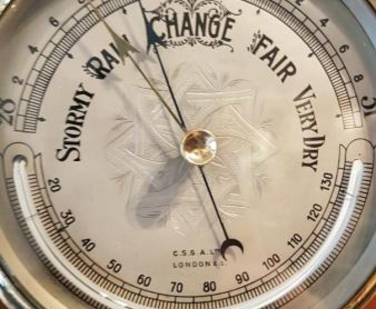 Antique Silver Dial Aneroid Barometer with Crescent Thermometer - Image 3