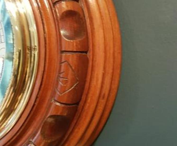 Antique Silver Dial Aneroid Barometer with Crescent Thermometer - Image 4