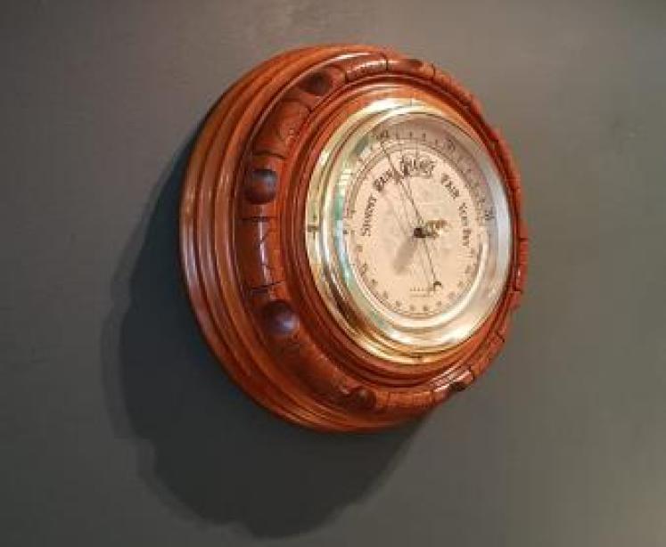 Antique Silver Dial Aneroid Barometer with Crescent Thermometer - Image 5