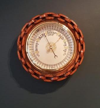 Antique Engraved Silver Dial Oak Barometer