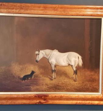 Victorian Oil on Canvas Stable Scene 