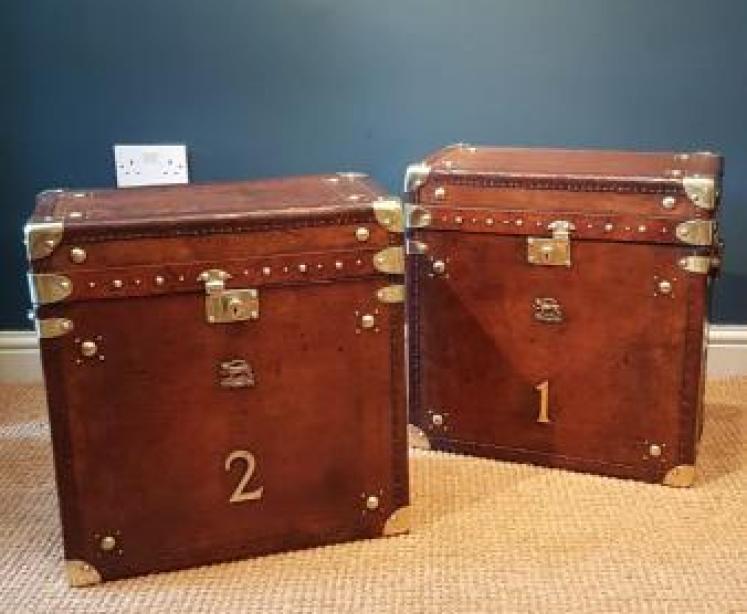 Pair of Antique Leather Bound Military Trunks - Image 1