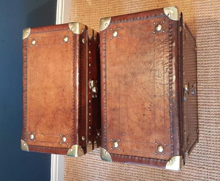 Pair of Antique Leather Bound Military Trunks - Image 7