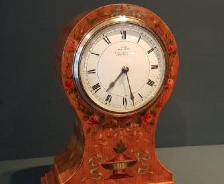 Superb Edwardian Floral Decoration Satinwood Balloon Clock - Image 1