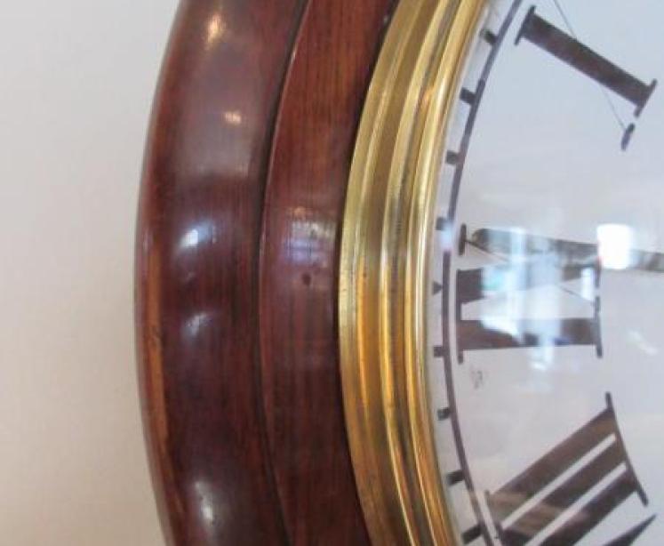 Antique Polished Mahogany Single Fusee 12" Wall Clock - Image 3