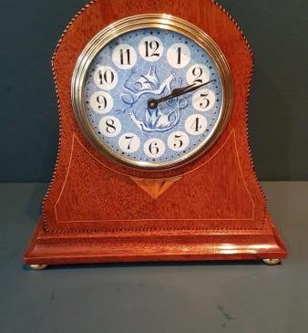 Unusual Edwardian Blue and White Dial Inlaid Mantel Clock