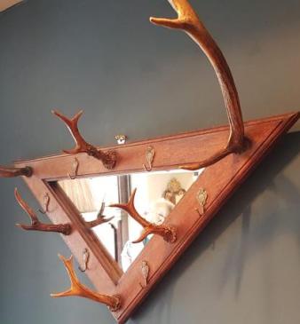 Edwardian Oak Hall Mirror With Antler Coat Hooks 