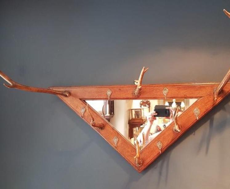 Edwardian Oak Hall Mirror With Antler Coat Hooks  - Image 2