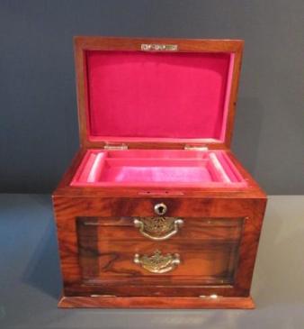 Mid Victorian Figured Walnut Fall Front Jewellery Box