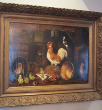 Large 19th Century 'Poultry  in Kitchen' Oil Painting