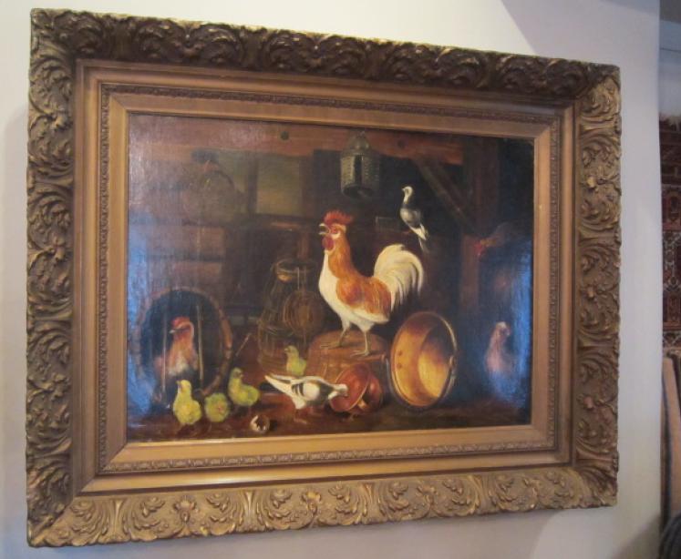 Large 19th Century 'Poultry  in Kitchen' Oil Painting - Image 1