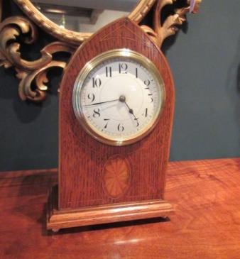 Edwardian Polished Oak Sheraton Inlaid Mantel Clock