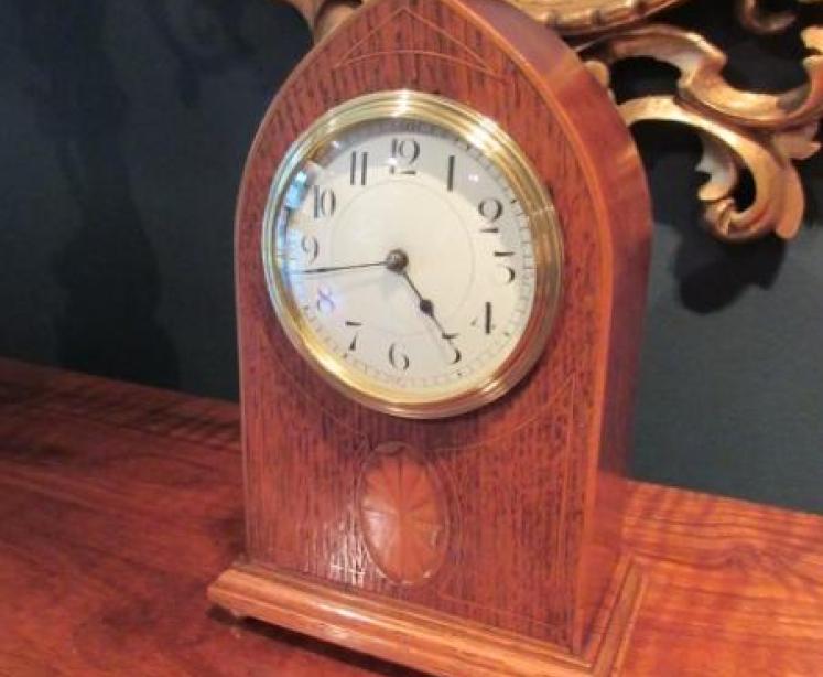 Edwardian Polished Oak Sheraton Inlaid Mantel Clock - Image 6