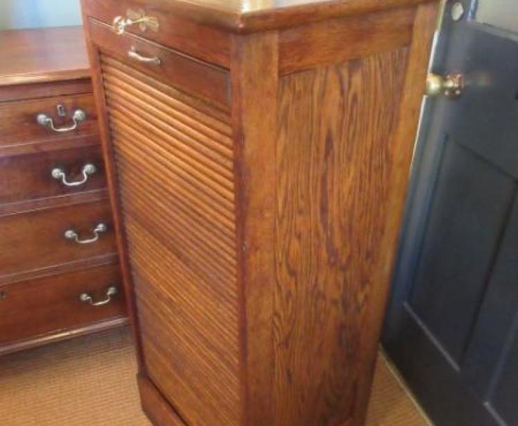Antique Polished Oak Tambour Front Filing Cabinet - Image 7