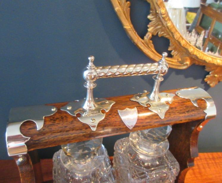 Superior Victorian Oak & Silvered Two Bottle Tantalus - Image 2