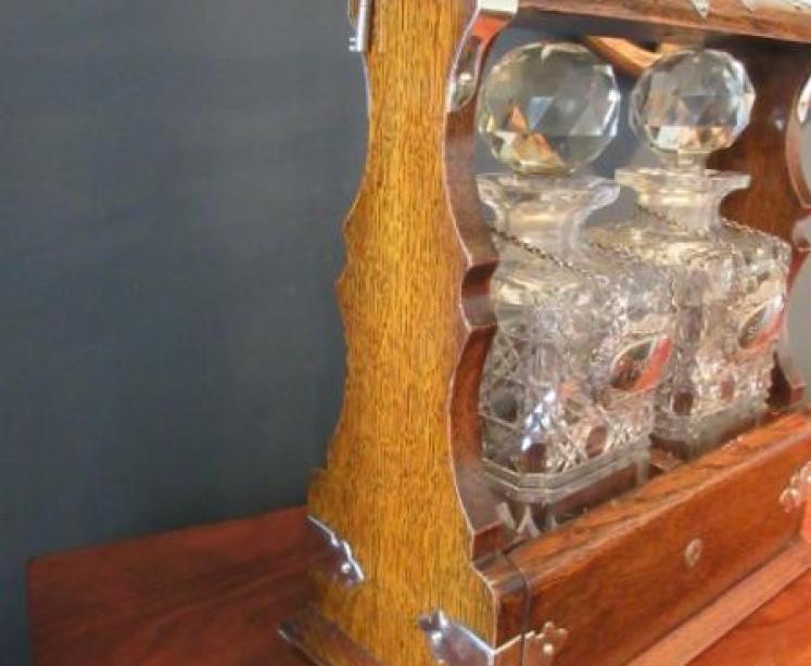 Superior Victorian Oak & Silvered Two Bottle Tantalus - Image 6