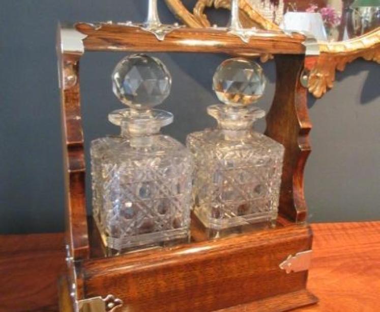 Superior Victorian Oak & Silvered Two Bottle Tantalus - Image 7