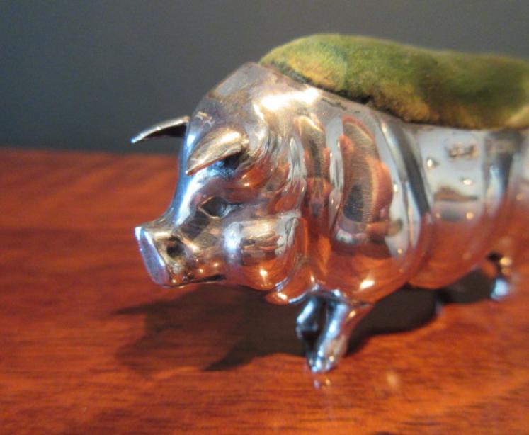 Large Antique Silver Pig Pin Cushion - Image 2