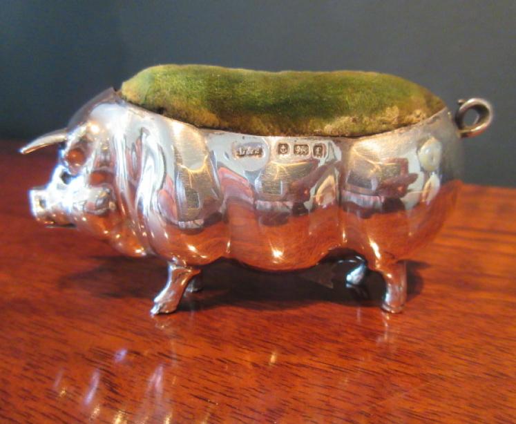 Large Antique Silver Pig Pin Cushion - Image 7