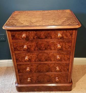 Small Mid Victorian Burr Walnut Chest of Drawers
