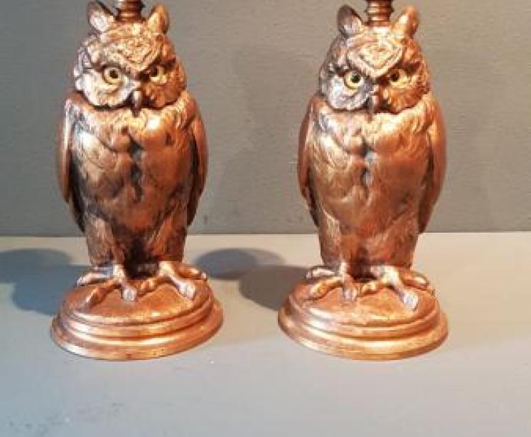 Pair of Edwardian Bronzed Owl Candlesticks - Image 1