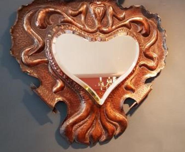 Arts and Crafts Copper Heart Shaped Mirror - Image 1