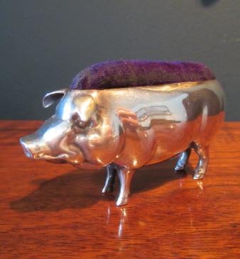 Large Antique Solid Silver Pig Pin Cushion