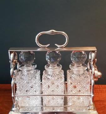 Victorian Silver Plate and Cut Crystal Three Bottle Tantalus
