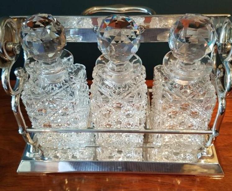 Victorian Silver Plate and Cut Crystal Three Bottle Tantalus - Image 4
