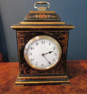 Antique Chinioserie Black Lacquered Mantel Clock