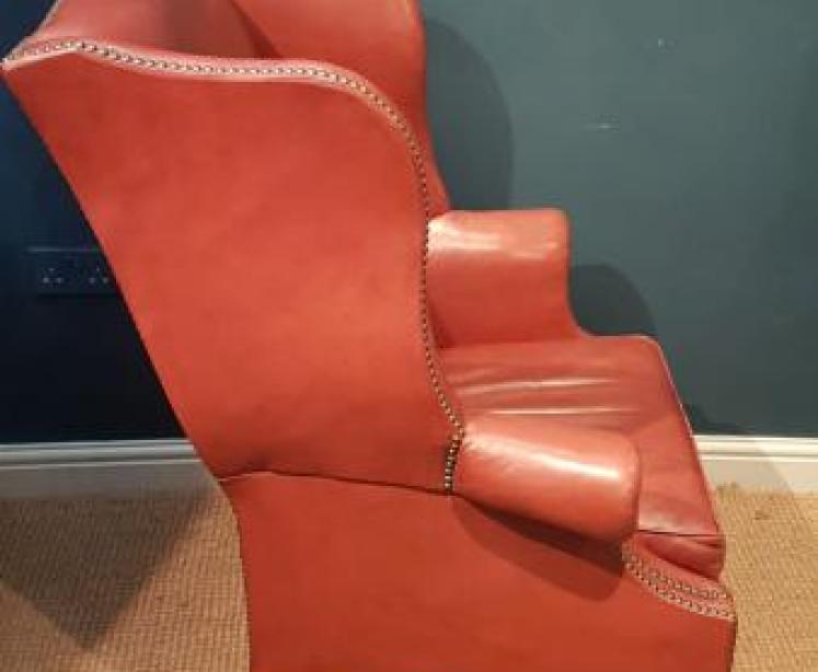 Original 1920's Red Hide Wing Back Arm Chair - Image 3