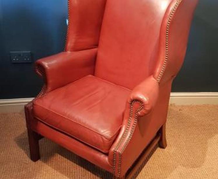 Original 1920's Red Hide Wing Back Arm Chair - Image 6