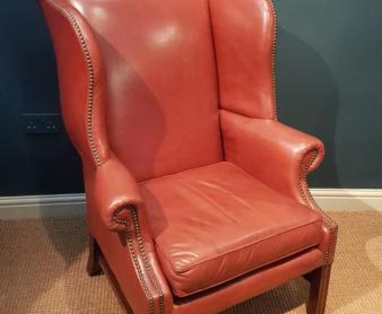 Original 1920's Red Hide Wing Back Arm Chair - Image 7