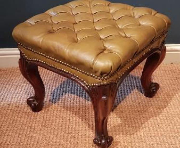 Victorian Rosewood Cabriole Leg Stool with Olive Hide Upholstery  - Image 1