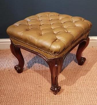 Victorian Rosewood Cabriole Leg Stool with Olive Hide Upholstery 