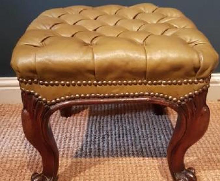 Victorian Rosewood Cabriole Leg Stool with Olive Hide Upholstery  - Image 2